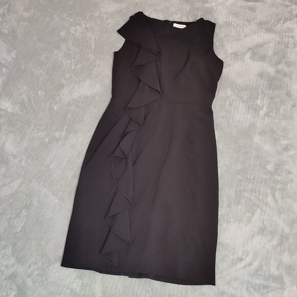 Ruffle Calvin Klein Black Dress Above Knee Length Waist Accent Cocktail Business - Picture 1 of 15